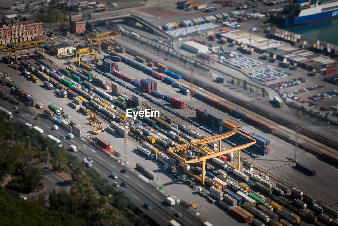Aerial view of containers at harbor