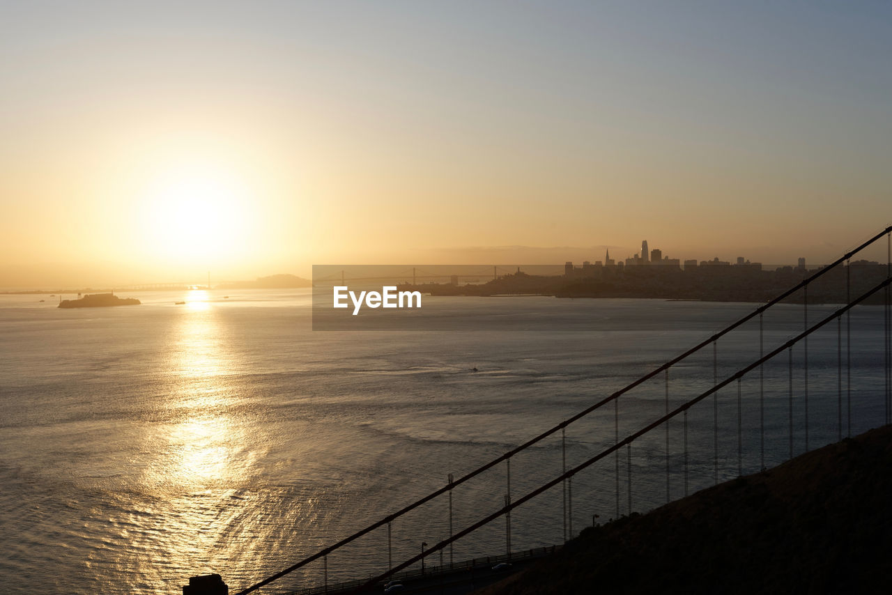 SCENIC VIEW OF SEA AGAINST BUILDINGS DURING SUNSET