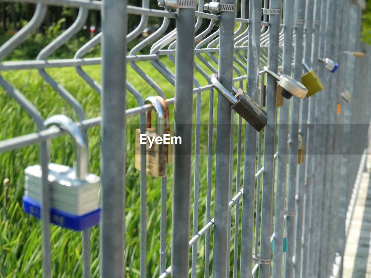 Close-up of padlocks on fence