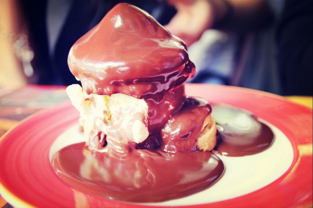 Dessert with chocolate toppings on plate