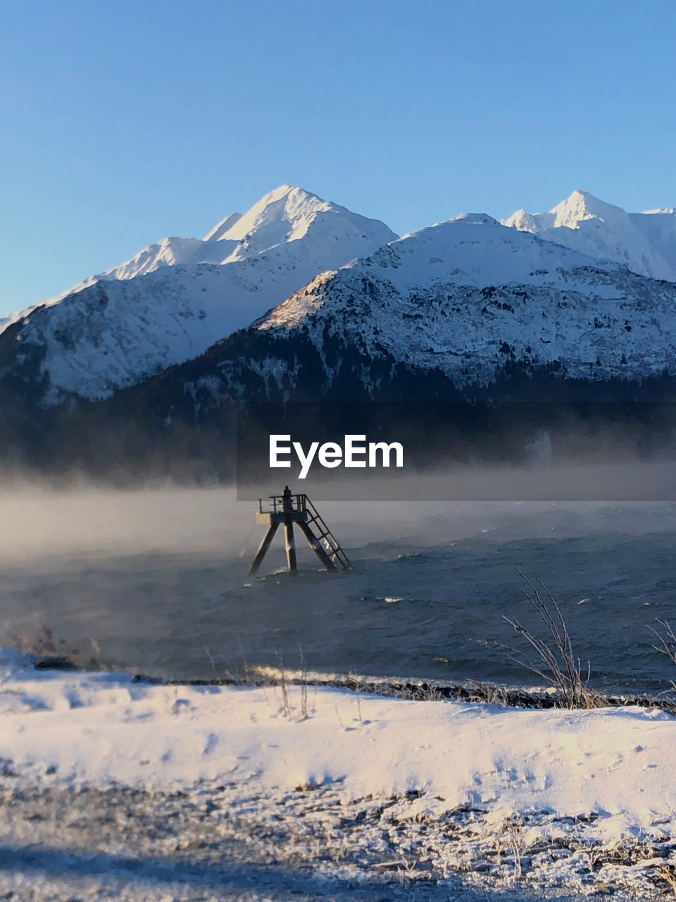 Scenic view of snowcapped mountains and lake against clear sky