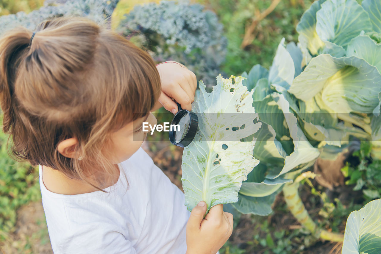 Girl looking at leaf through magnifying glass