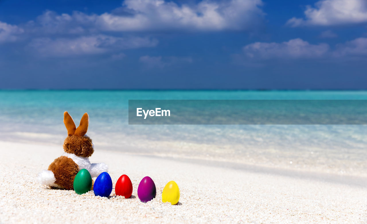 Close-up of bunny and easter eggs on shore at beach against cloudy sky
