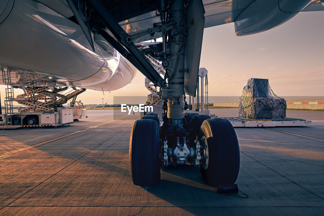 Landing gear of large plane. preparation cargo airplane before flight. 