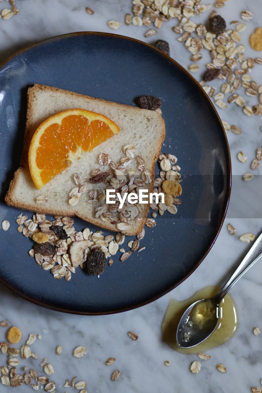 High angle view of breakfast served on table