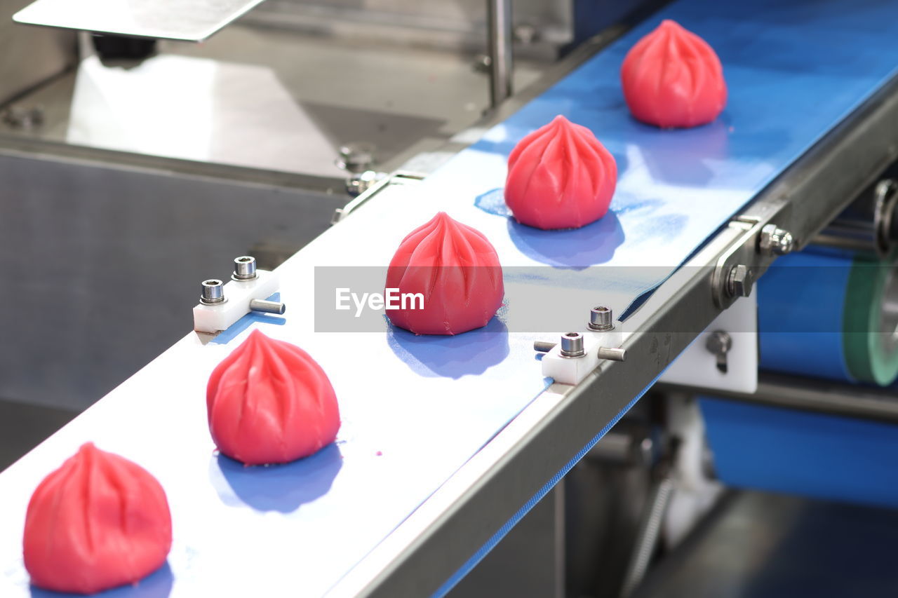 High angle view of food on conveyor belt at factory