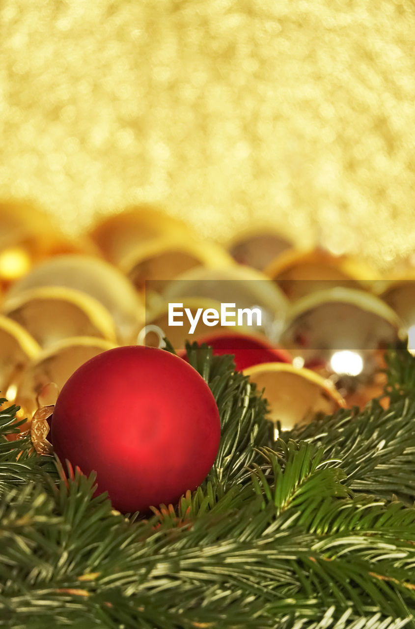 Close-up of christmas tree with red and golden christmas balls and golden background