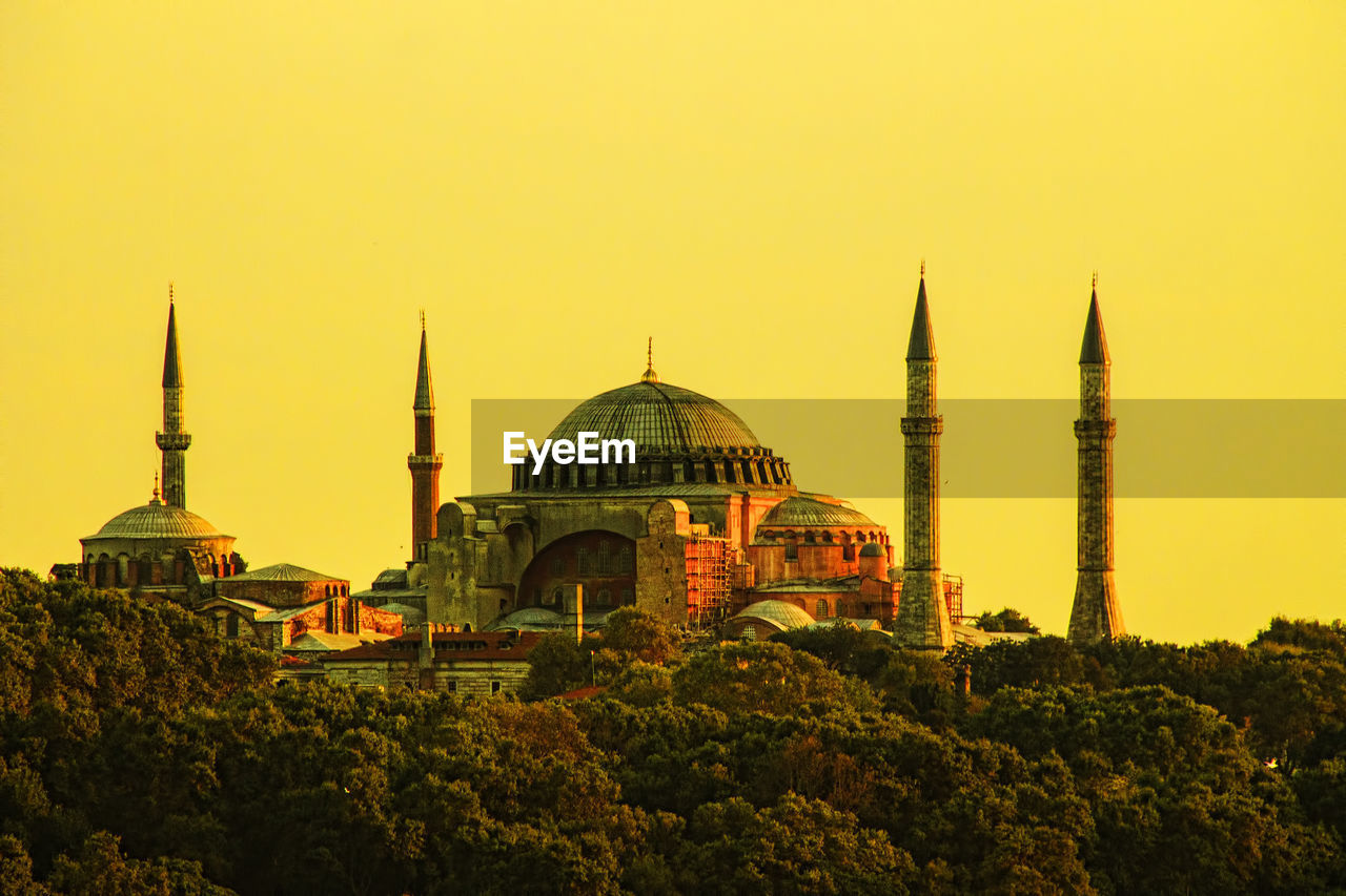 Scenic view of hagia sophia against clear sky during sunset