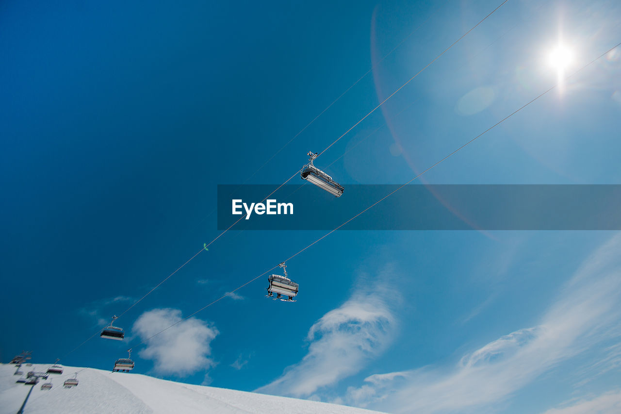 LOW ANGLE VIEW OF AIRPLANE FLYING AGAINST BLUE SKY