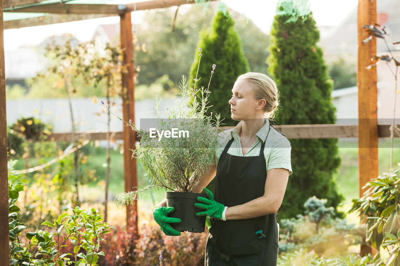 Full length of woman standing on potted plant