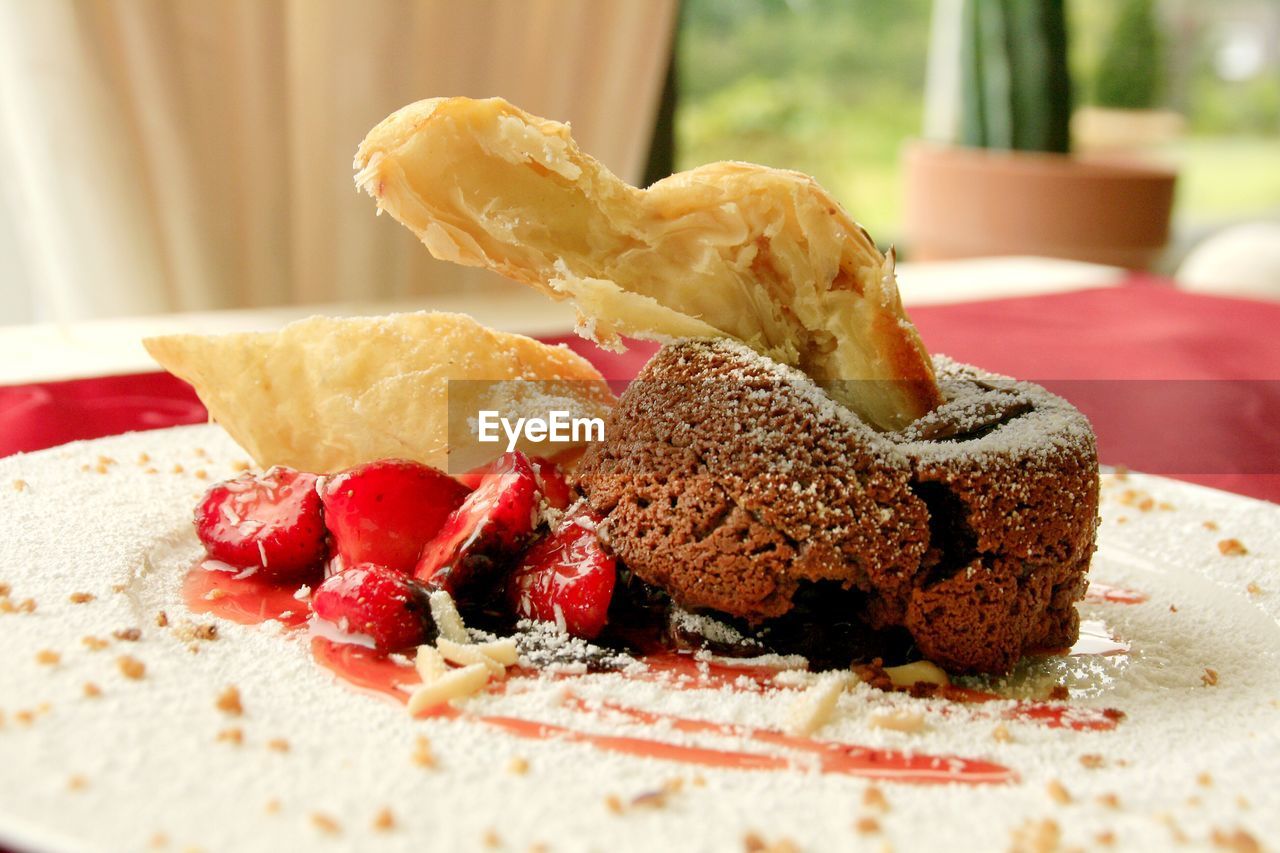 Close-up of dessert served on plate