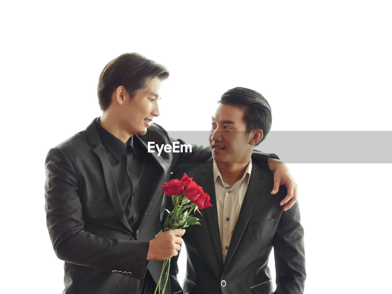 Gay couple with roses against white background