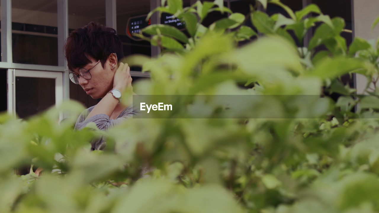 Young man walking amidst plants in greenhouse