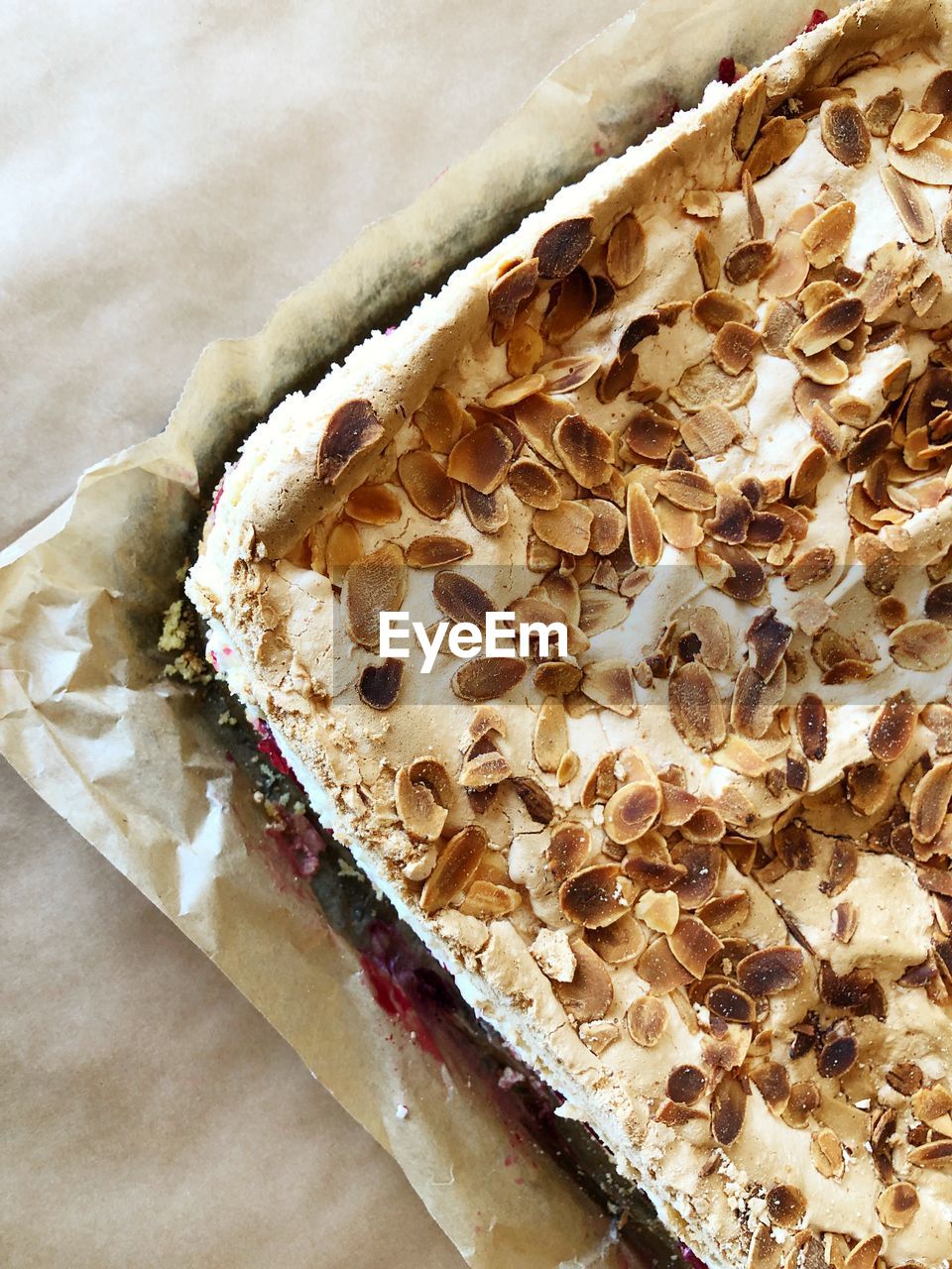 High angle view of almond cake on table