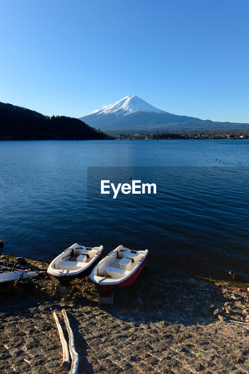 Scenic view of lake against clear blue sky