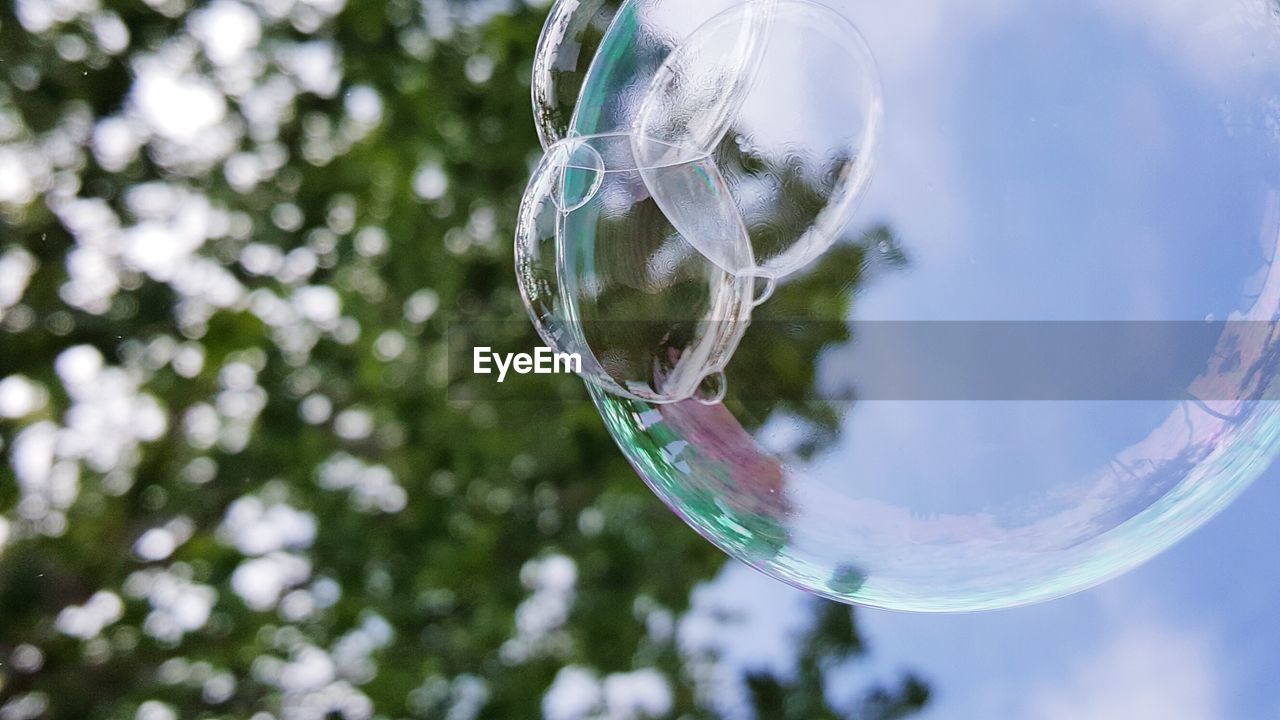 Low angle view of bubbles in against sky