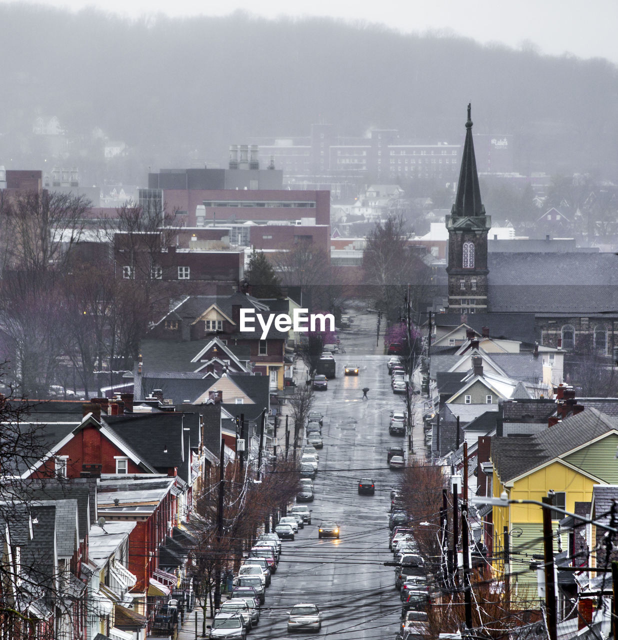 High angle view of buildings in city during winter