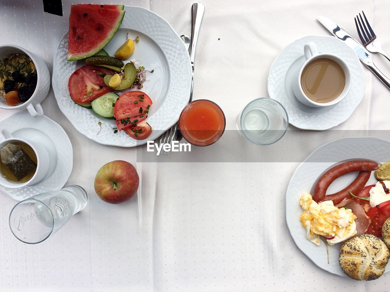 Directly above shot of food and drinks on table