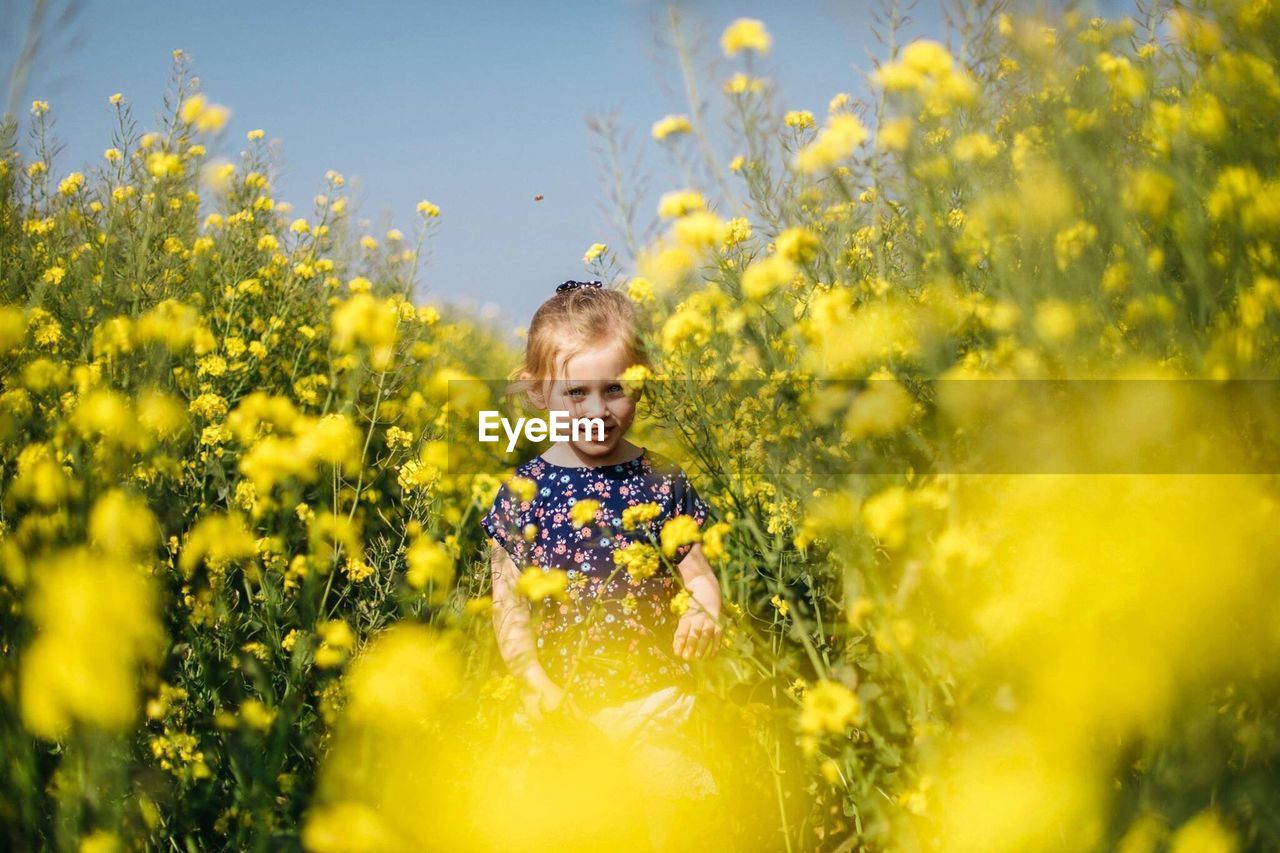 Portrait of girl amidst yellow flowers at oilseed rape field