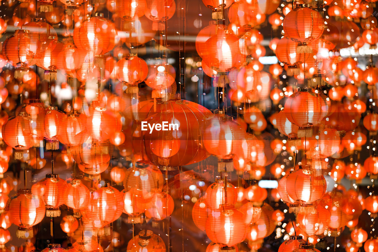 Full frame shot of illuminated lanterns hanging at night during chinese new year festival