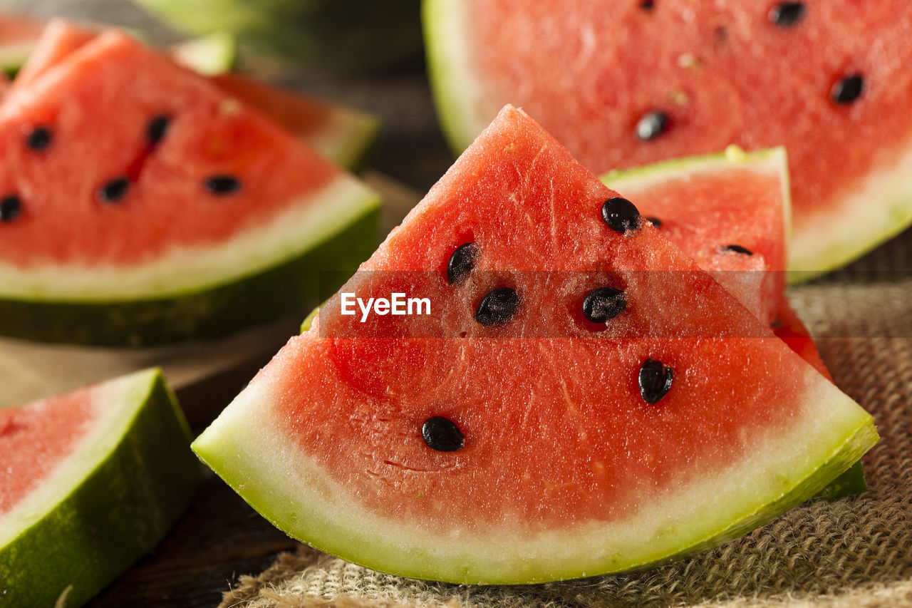 close-up of watermelon slices on table