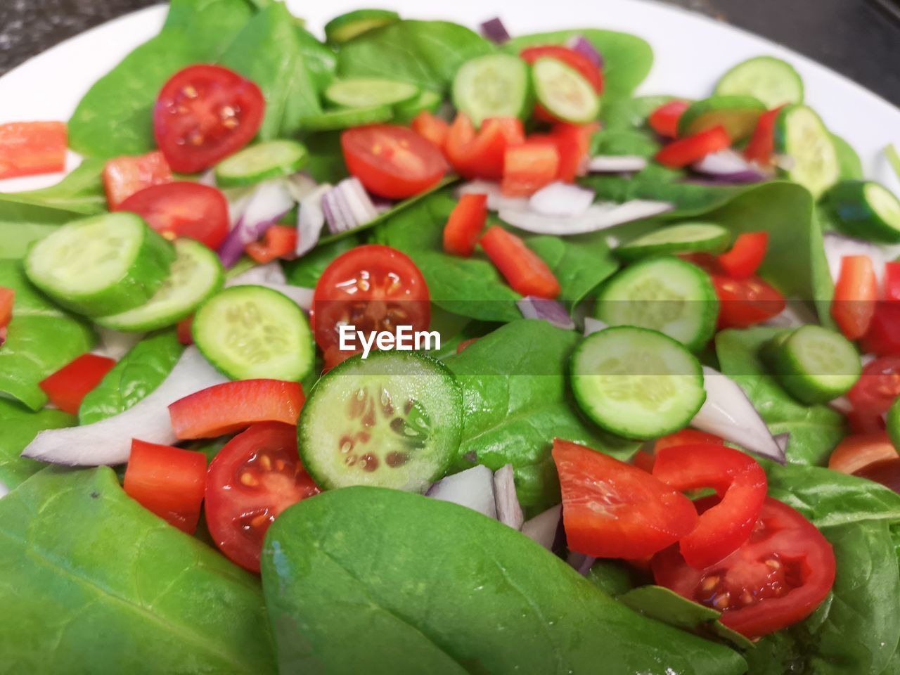 High angle view of chopped vegetables in plate