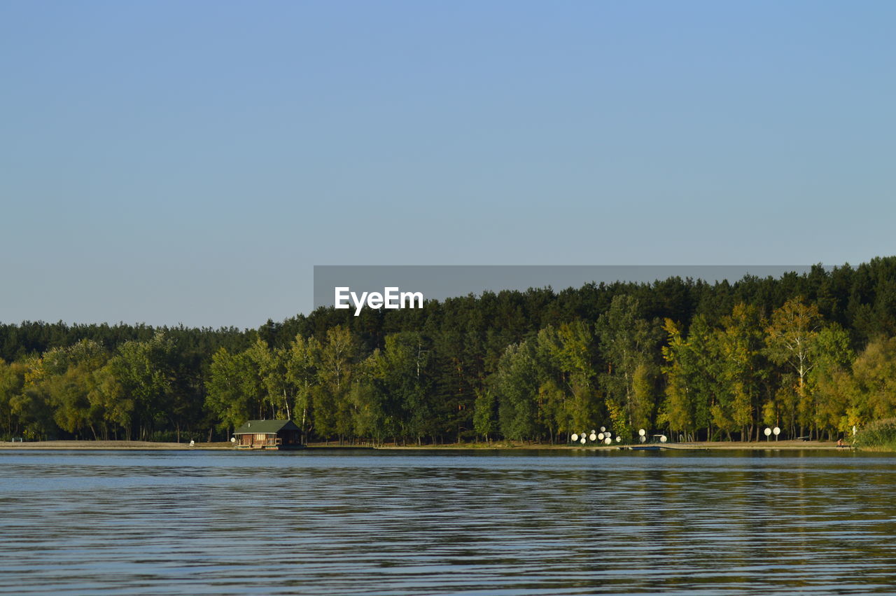 Scenic view of lake in forest against clear sky