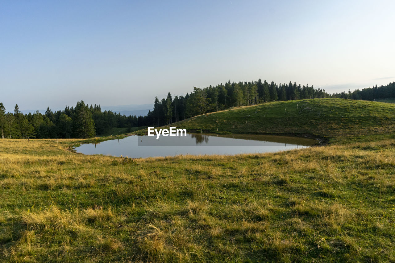 Grean meadows at plateau in the mountains alps at sunset