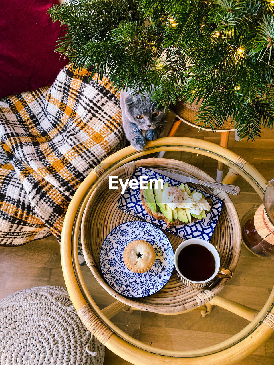 High angle view of brunch for one  on table