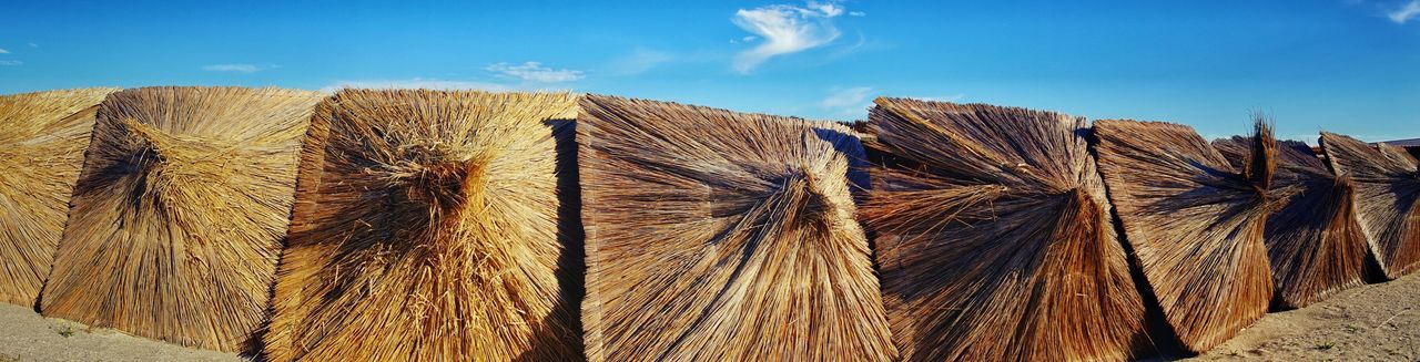 Panoramic view of thatched roofs against blue sky