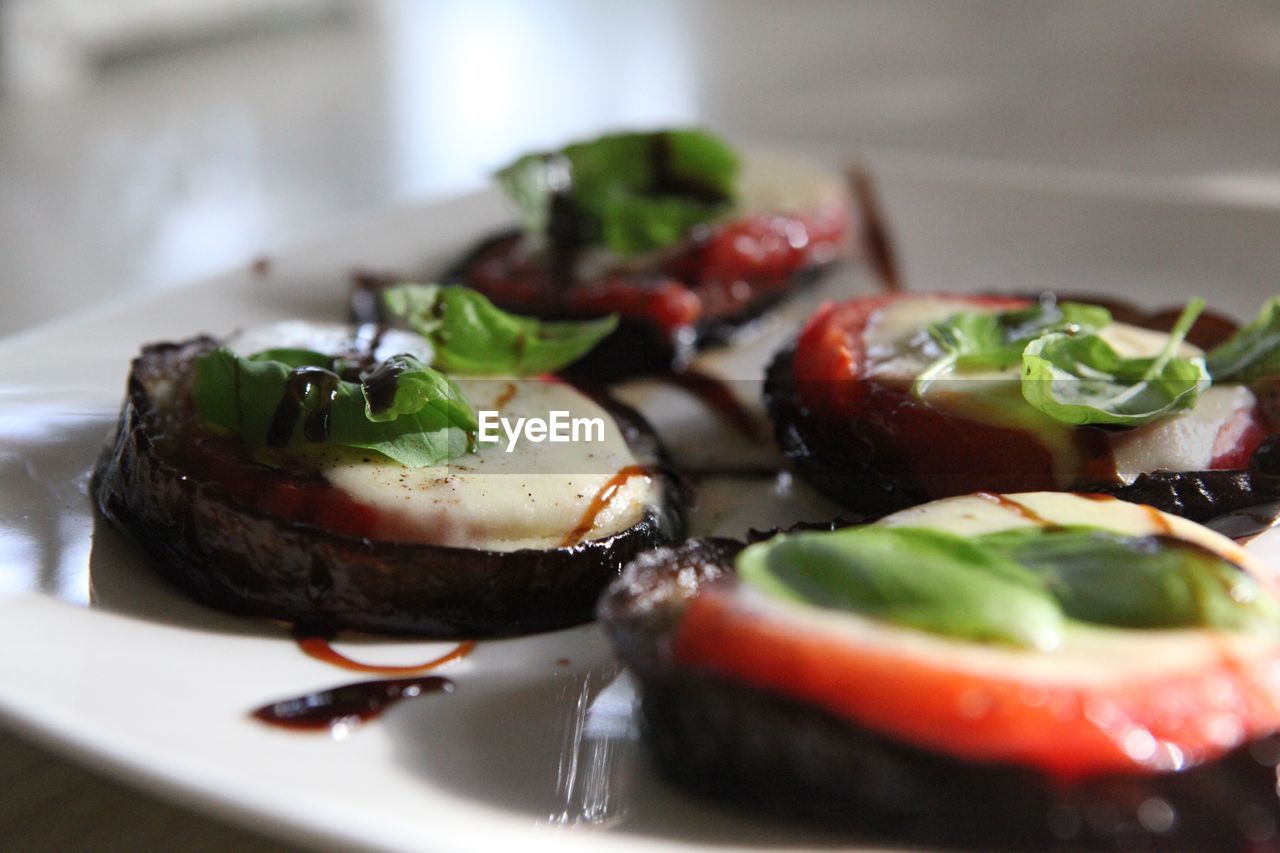 Close-up of food served on table