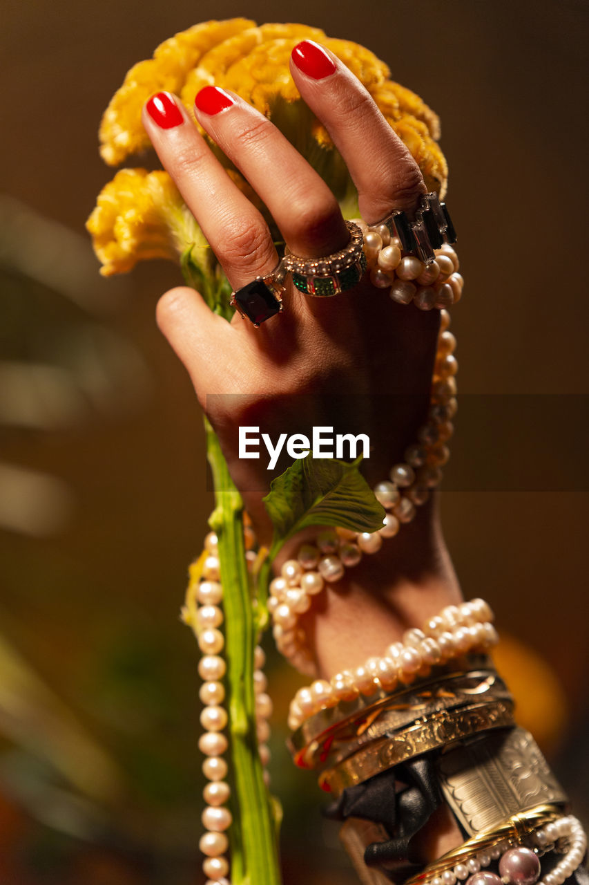 Cropped hand of woman with jewelry holding flower