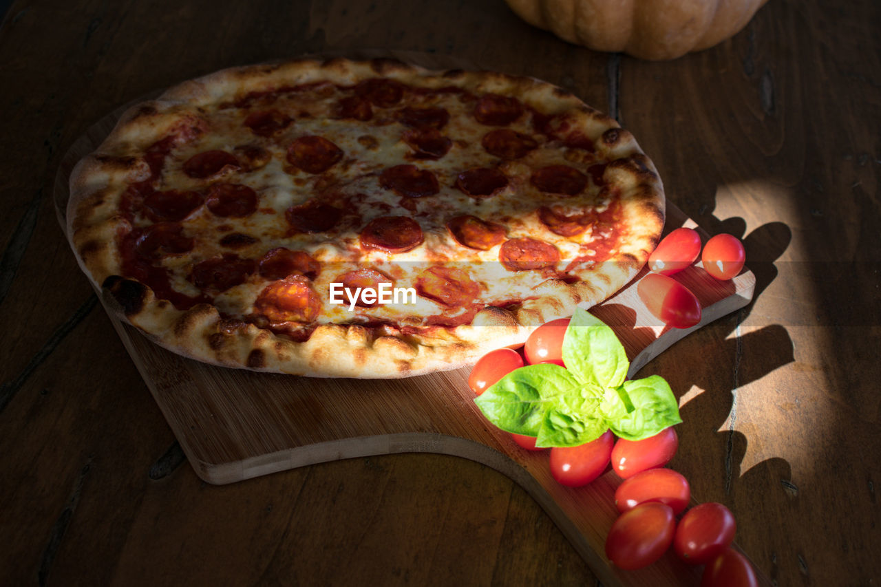 High angle view of pizza on table