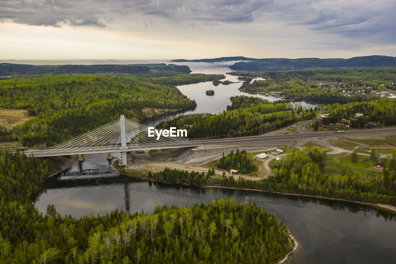 Nipigon river bridge overlooking nipigon bay during sunrise