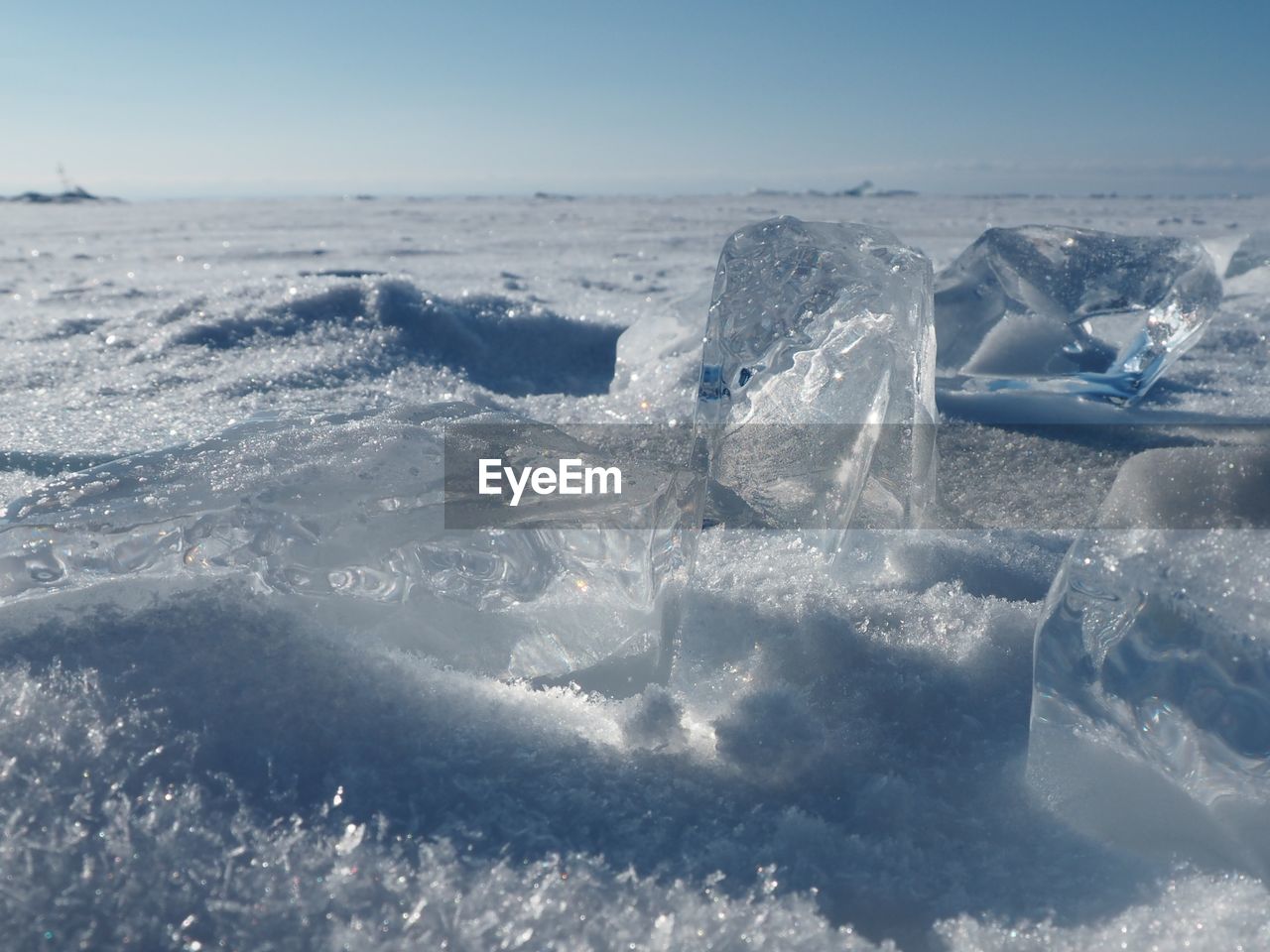 CLOSE-UP OF ICE IN SEA AGAINST SKY