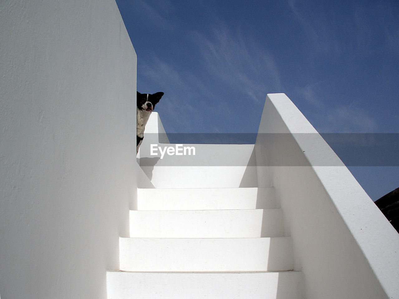 Low angle view of whitewashed stairway against sky