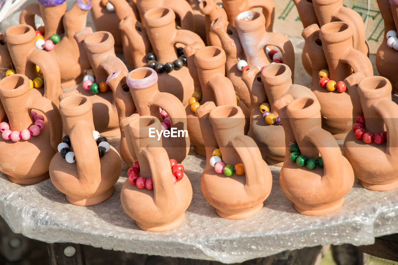 High angle view of earthenware for sale at market