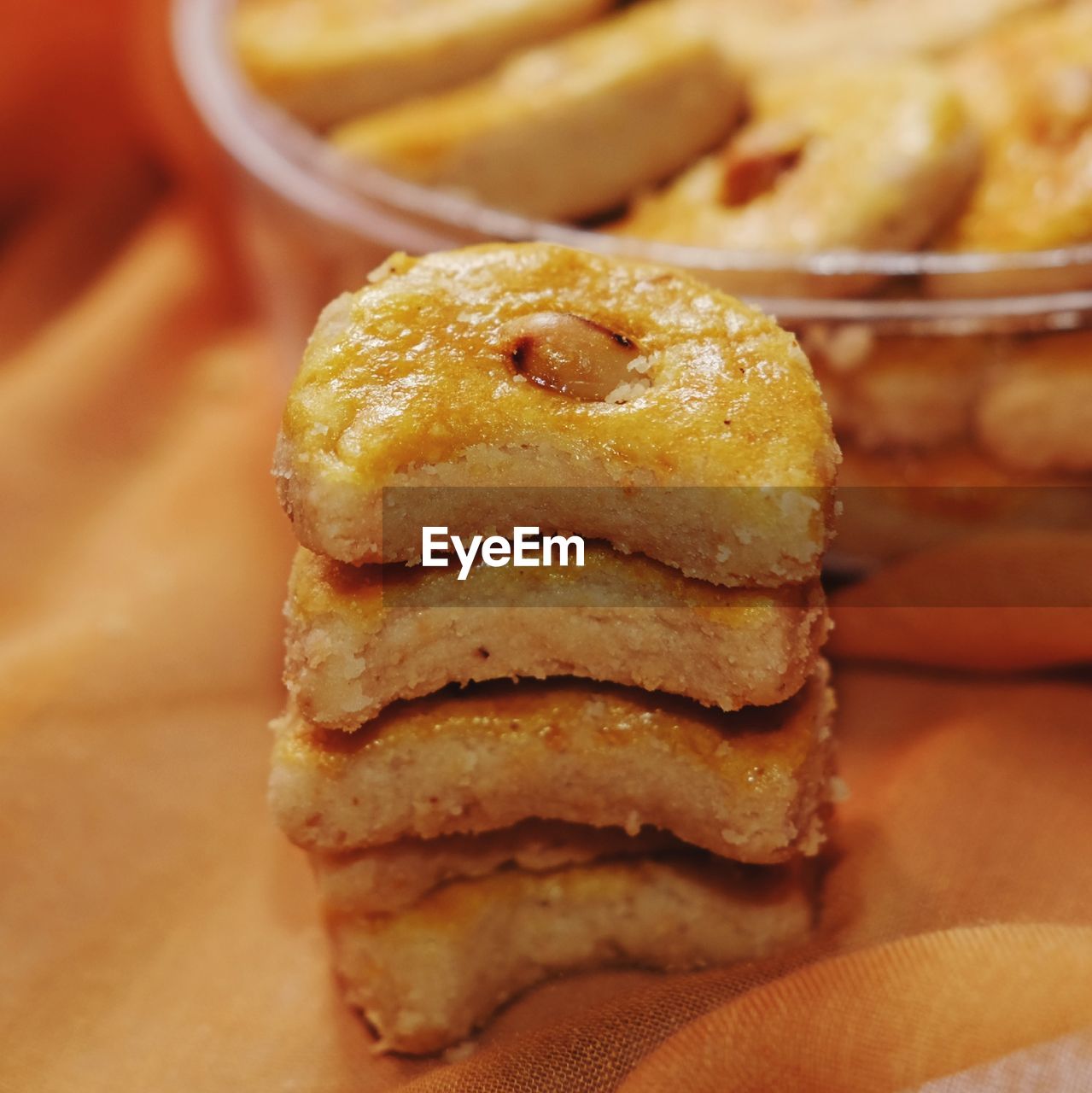 Close-up of bread on stack