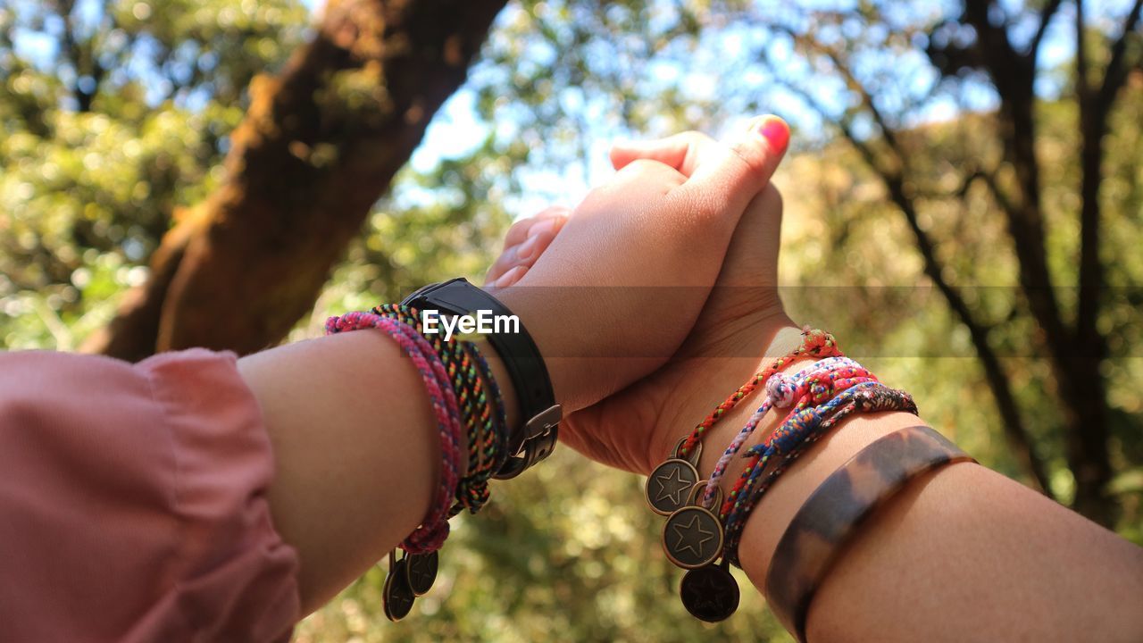 Cropped hands of couple holding hands against trees