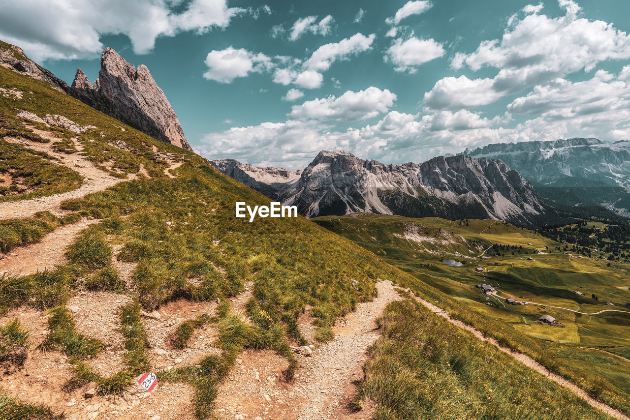 Hiking trails in the dolomites in south tyrol.italy. hiking trails to the top of the seceda.