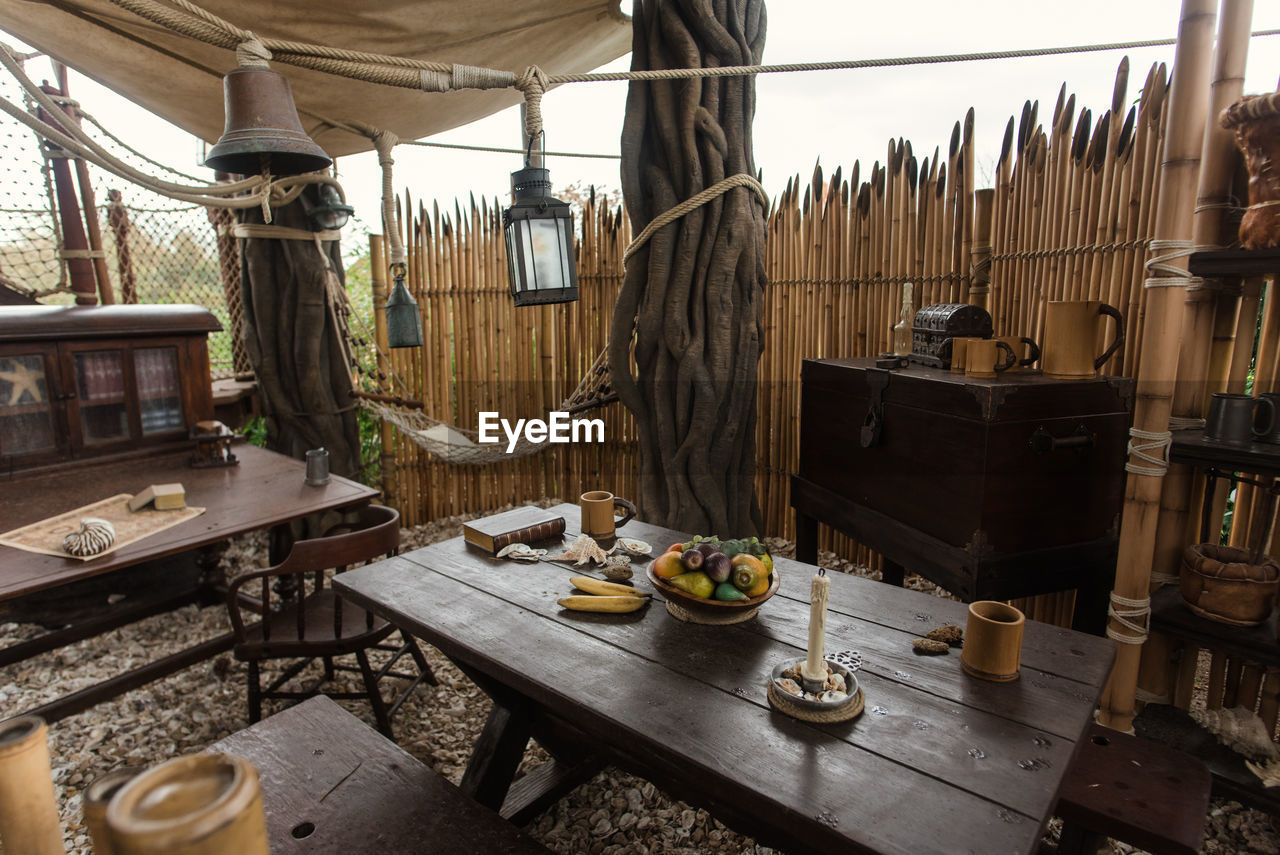 Panoramic shot of food on table in kitchen outdoor 