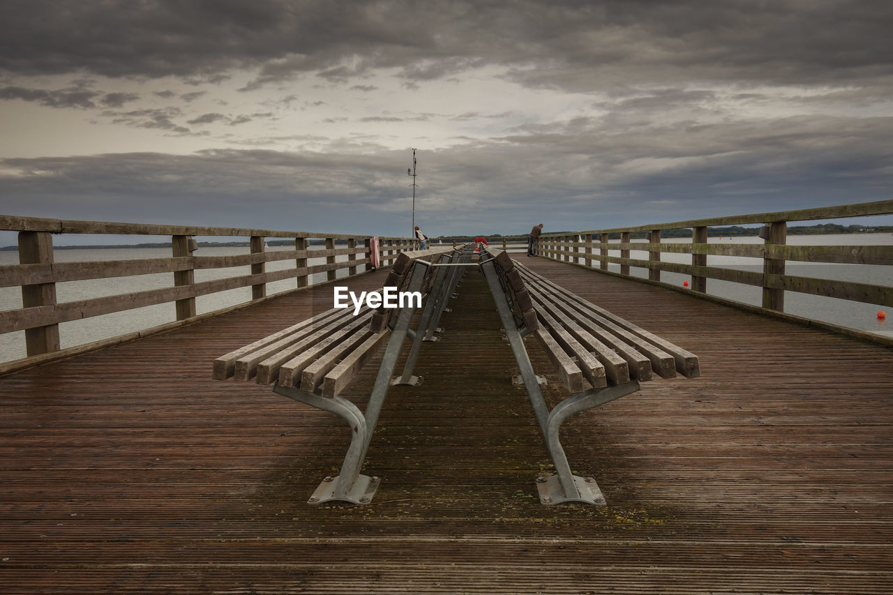 Empty footbridge over pier against sky