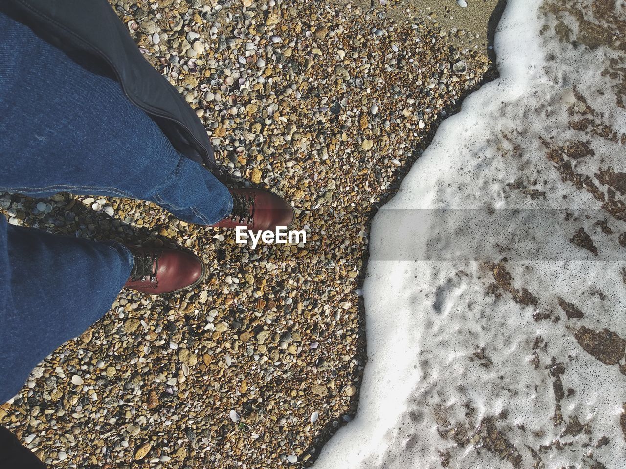 Low section of person standing at shore