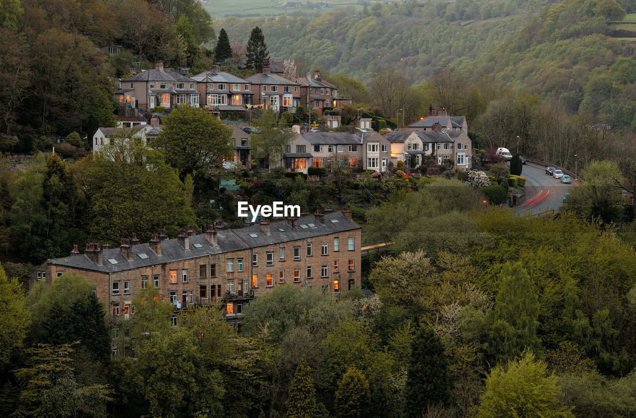 High angle view of buildings in town