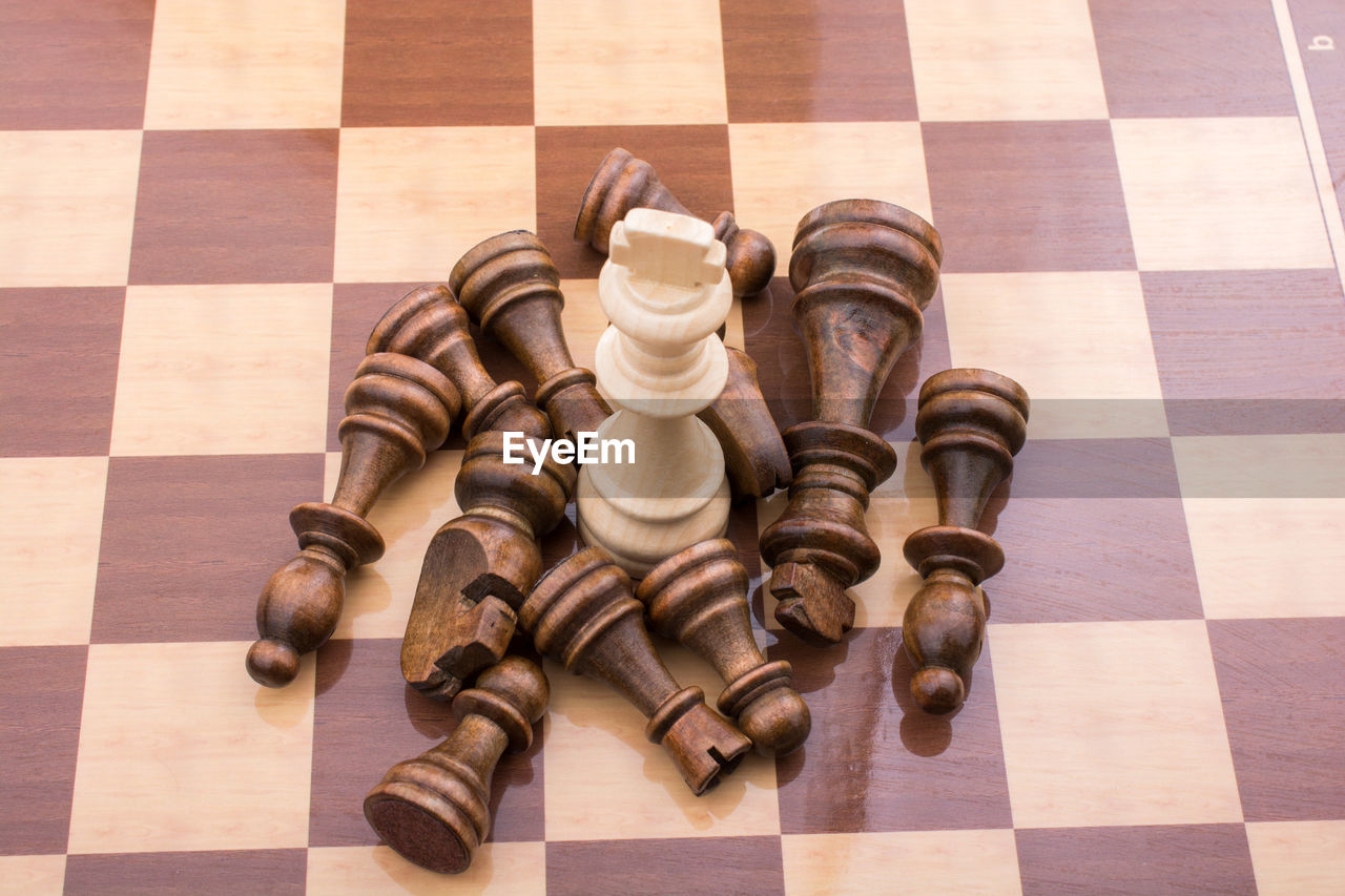 High angle view of chess pieces
