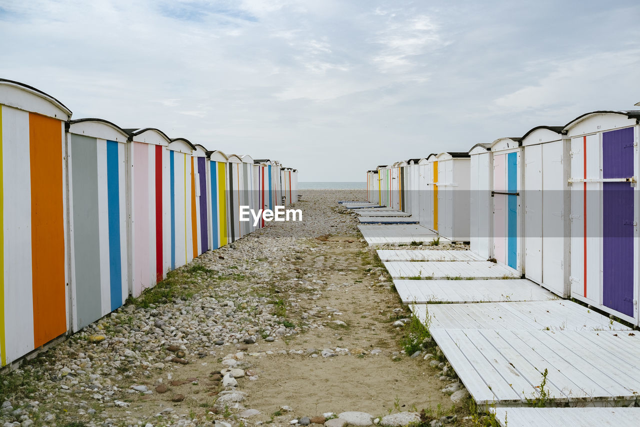ROW OF BEACH HUTS AGAINST SKY