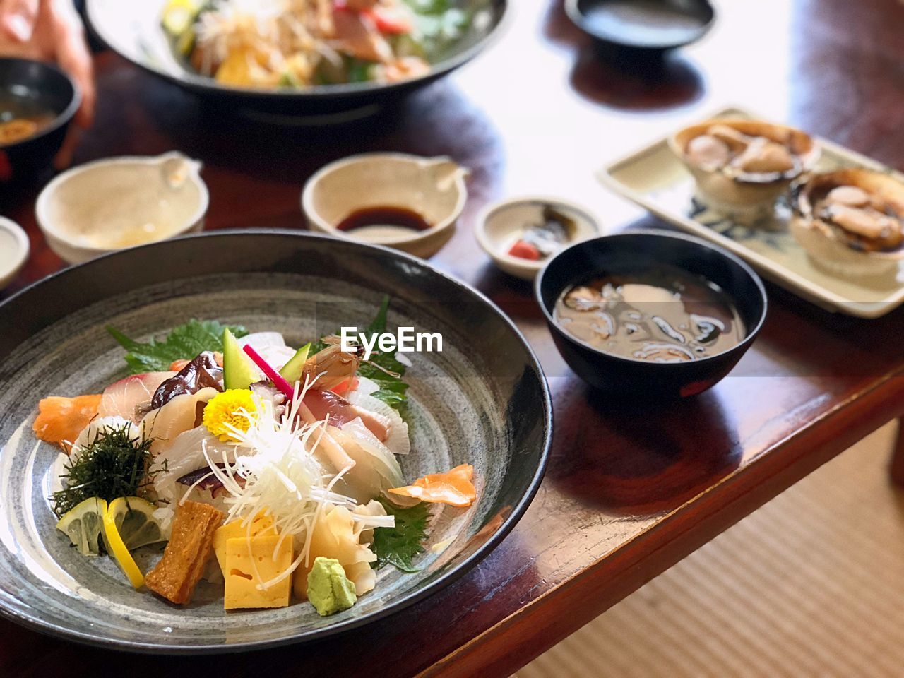 High angle view of various food on table at restaurant