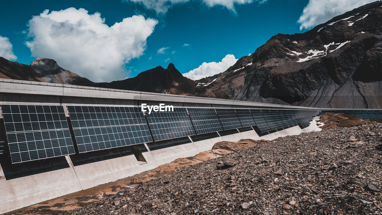 Photovoltaic panels on a dam in 2.500 meter above sea level in the swiss alps