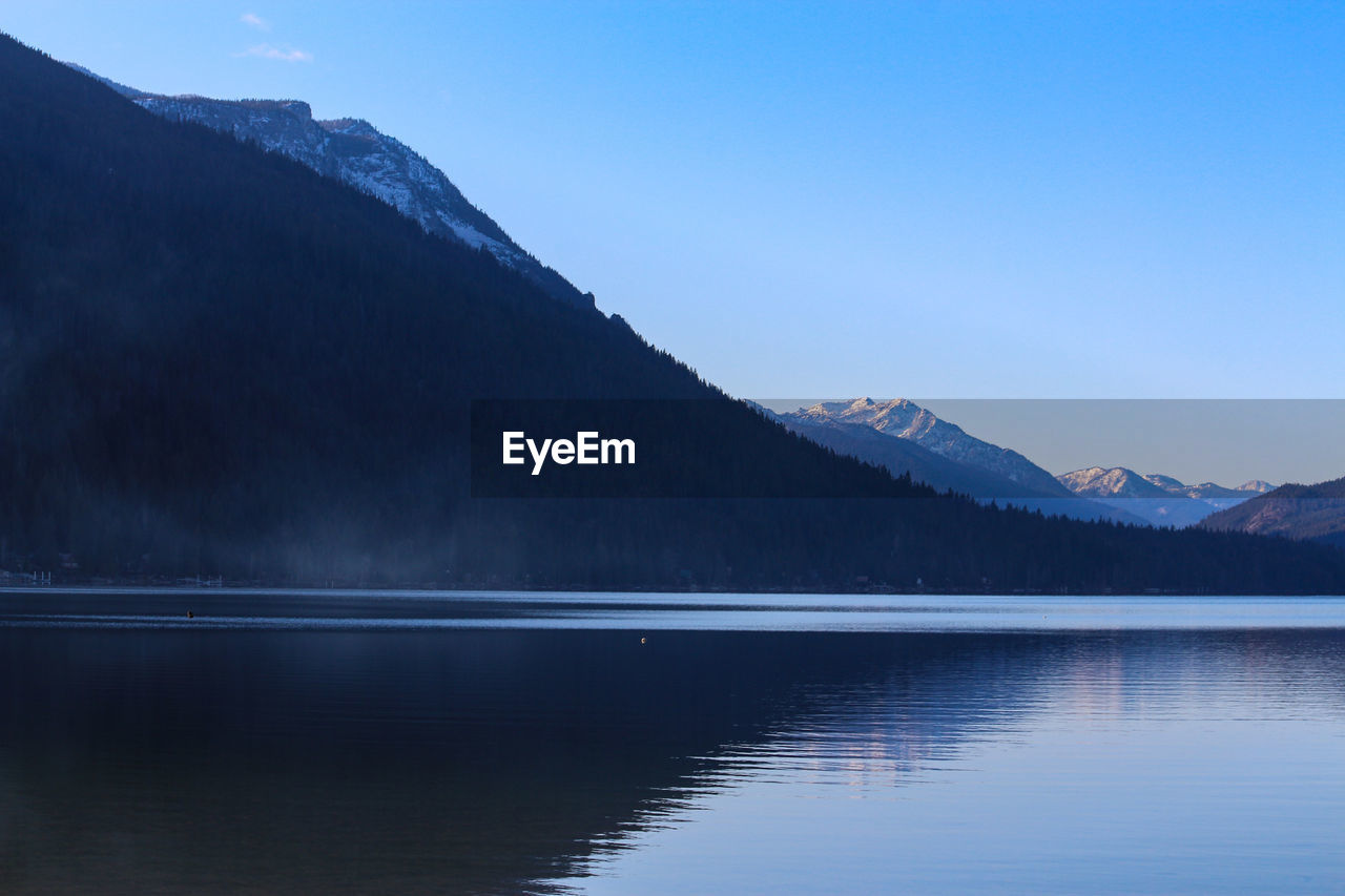 Scenic view of lake and mountains against clear blue sky