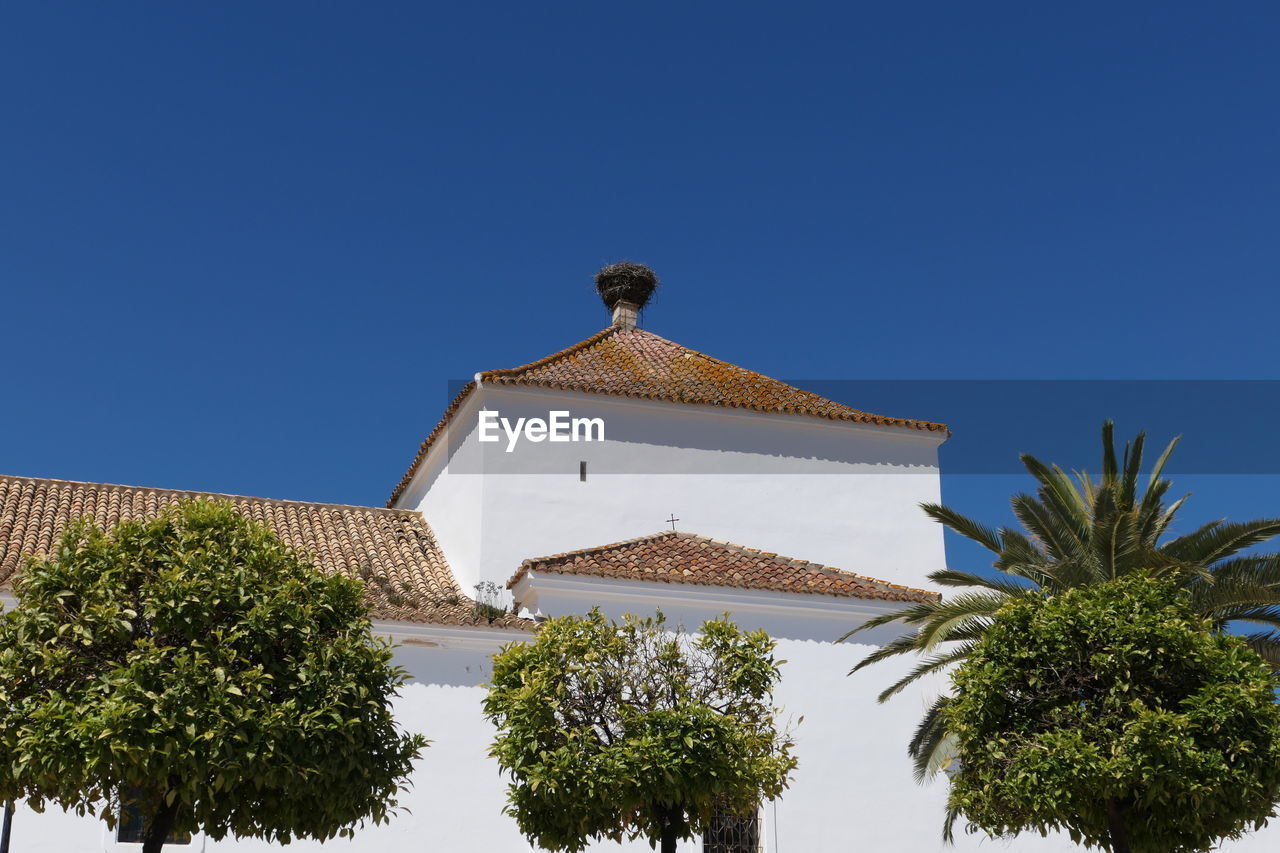 Parroquia del salvador in la villa, ayamonte view on church with stork nest and orange trees 